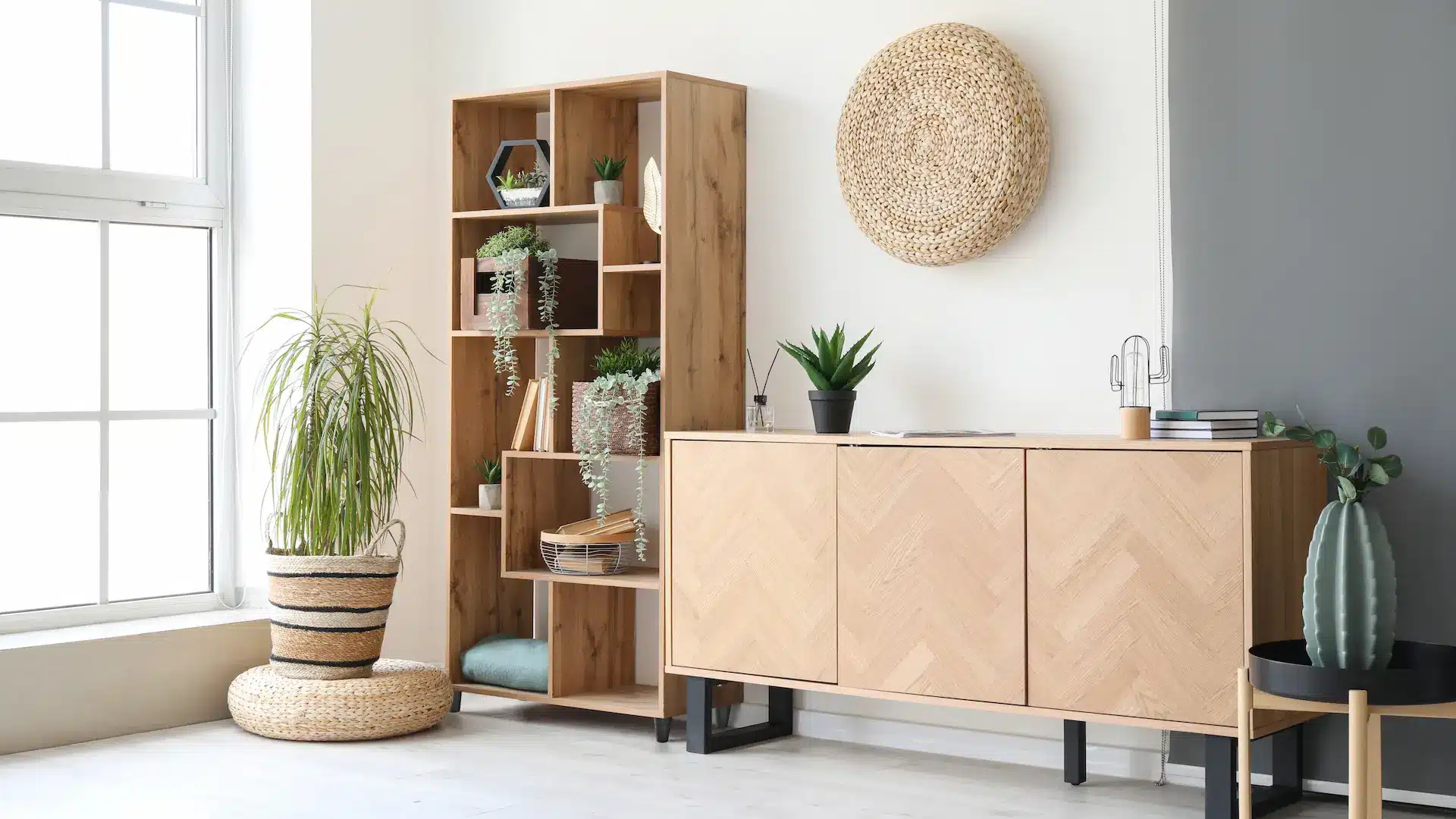 Salon moderne avec meubles en bois clair, comprenant une bibliothèque et un buffet. Plantes vertes, grande fenêtre et décoration murale en fibres naturelles créent une ambiance aérée et naturelle.