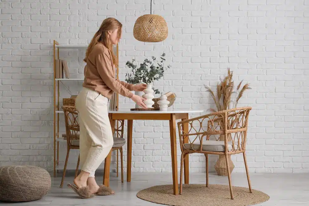 Dans une pièce cosy et minimaliste, meublée de chaises en osier, d'une suspension lumineuse et décorée dans des tons neutres, une femme dispose un vase sur une table à manger, créant ainsi une atmosphère chaleureuse.