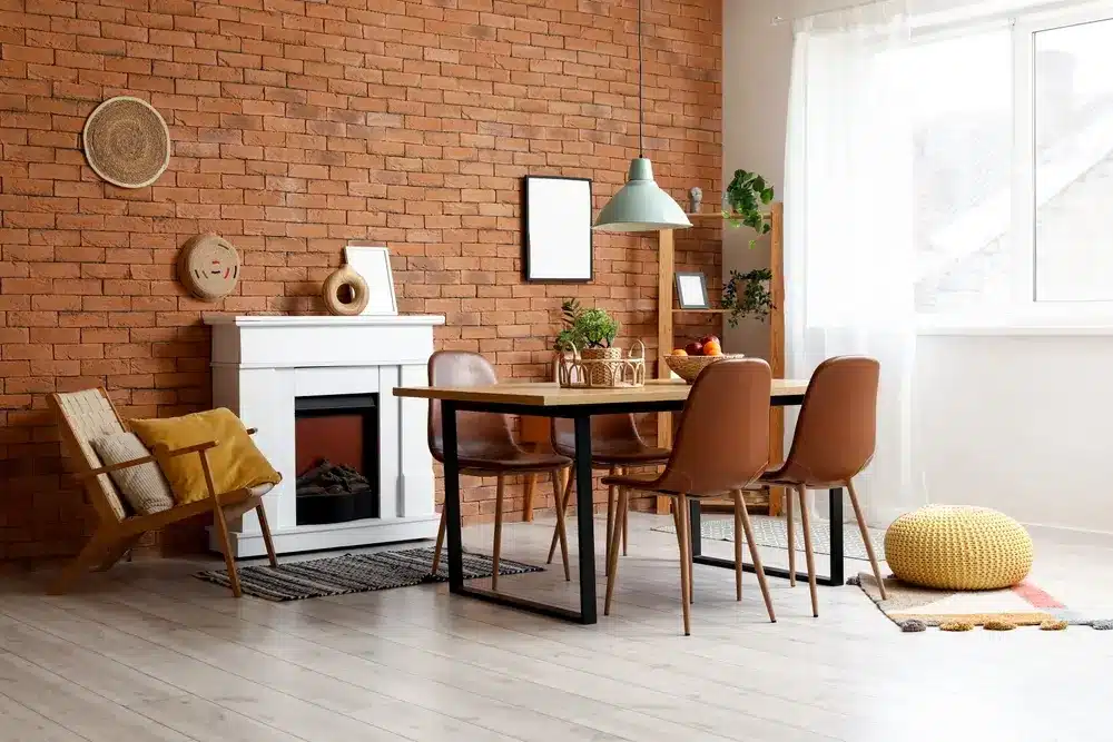 Salon chaleureux avec un mur de briques, une cheminée blanche et une table à manger en bois entourée de chaises marron. Un fauteuil moelleux et un pouf apportent une touche de confort.