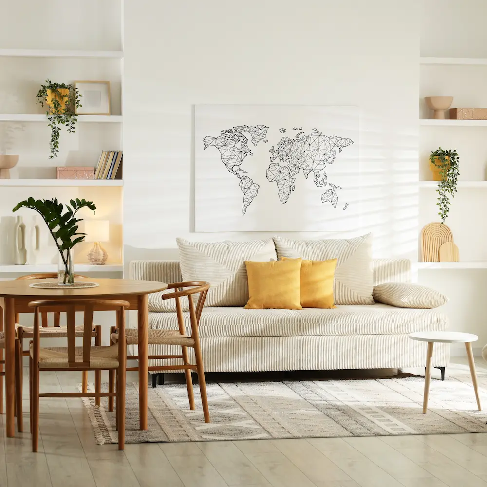 Un salon chaleureux avec un canapé beige orné de coussins jaunes, une table à manger en bois et des chaises. Une carte du monde est accrochée au-dessus du canapé.