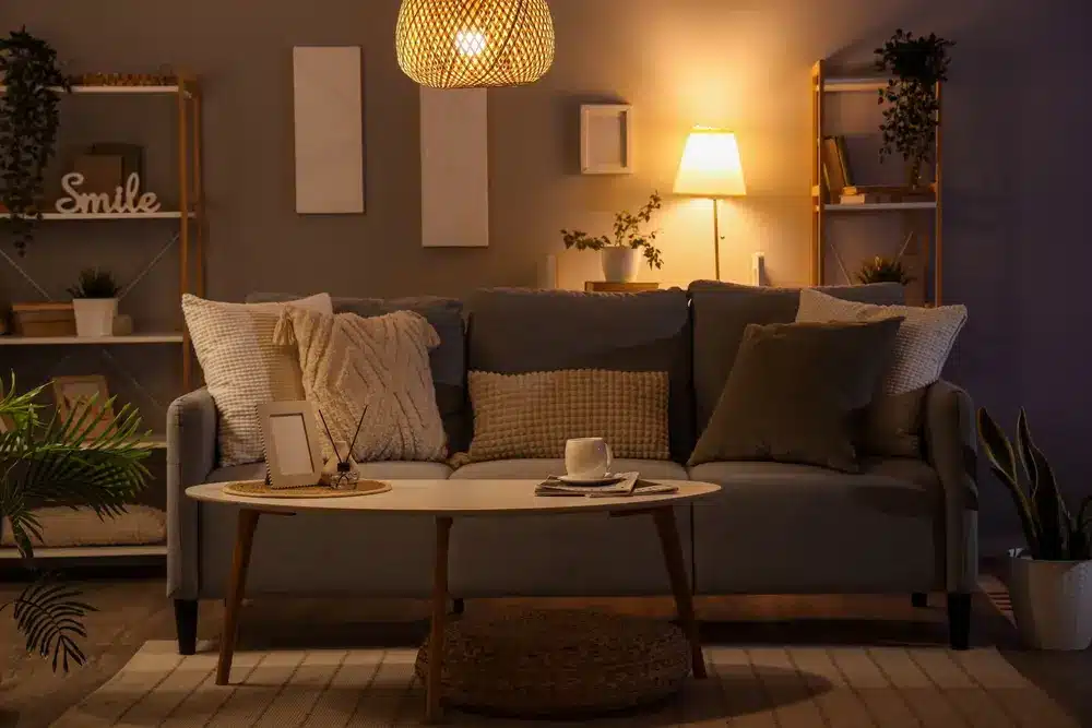 Salon cosy avec un canapé gris orné de coussins aux tons neutres, une table basse ronde, un éclairage chaleureux provenant d'une lampe et des plantes décorant les étagères.