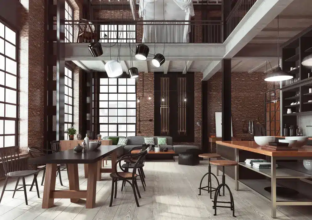Loft industriel spacieux aux murs de briques, grandes fenêtres et mobilier moderne. Il comprend une table à manger, un coin salon confortable et une cuisine ouverte, créant une ambiance branchée.