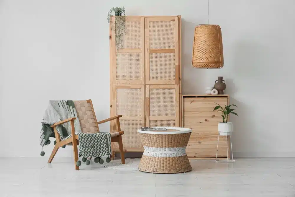 Salon minimaliste avec un fauteuil en bois recouvert de couvertures vertes, une table en osier et une suspension en bambou. Les tons neutres invitent à la sérénité.