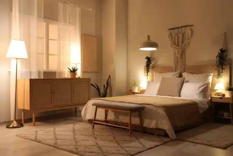 Chambre cosy à l'éclairage tamisé, avec un lit aux draps blancs et beiges, une tenture murale en macramé, des plantes et des meubles en bois, créant une ambiance chaleureuse.