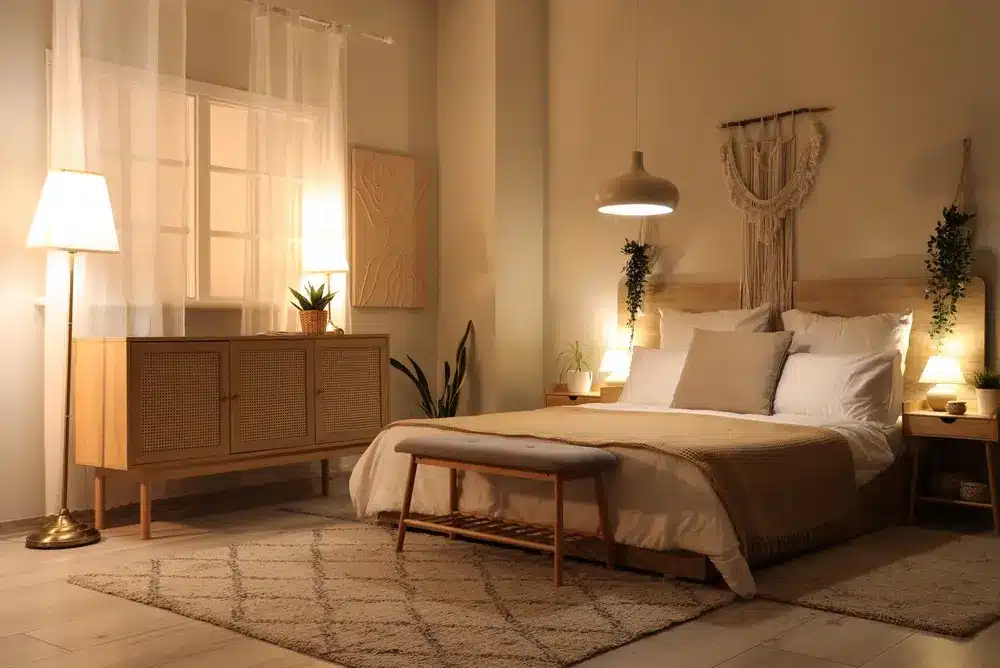 Chambre cosy à l'éclairage tamisé, avec un lit aux draps blancs et beiges, une tenture murale en macramé, des plantes et des meubles en bois, créant une ambiance chaleureuse.
