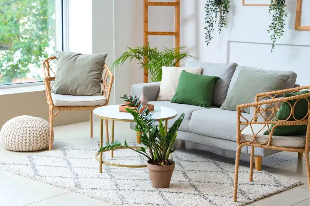 Salon moderne avec fauteuils en rotin, canapé gris à coussins verts et table ronde blanche. Des plantes luxuriantes apportent une touche de fraîcheur et de convivialité.