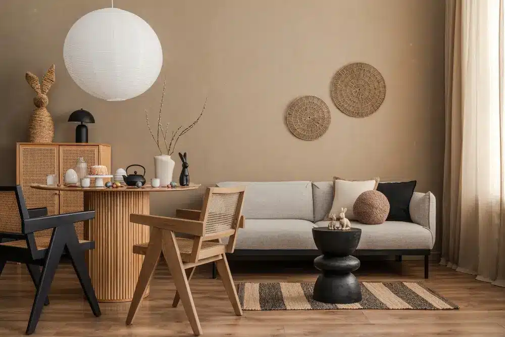 Salon élégant aux murs beiges, canapé gris clair, mobilier en osier et en bois. Une lanterne en papier blanc apporte une touche de modernité. Ambiance chaleureuse et cosy.
