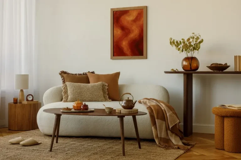 Salon chaleureux avec un canapé crème, des coussins marron et une table basse en bois. Les tons chauds dominent la décoration, rehaussée par un tableau abstrait rouge au mur.