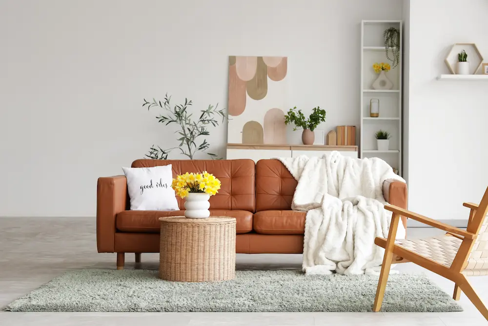 Salon lumineux et chaleureux avec un canapé en cuir marron, un coussin blanc et un plaid moelleux. Une table en osier accueille des fleurs jaunes. Une décoration minimaliste et des œuvres d'art modernes contribuent à une ambiance sereine.