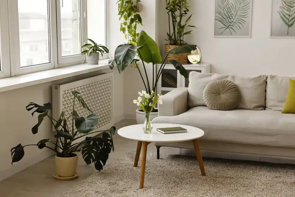 Un salon chaleureux avec un canapé beige, une table ronde blanche et des plantes vertes. La douce lumière naturelle qui entre par la fenêtre crée une atmosphère sereine et accueillante.
