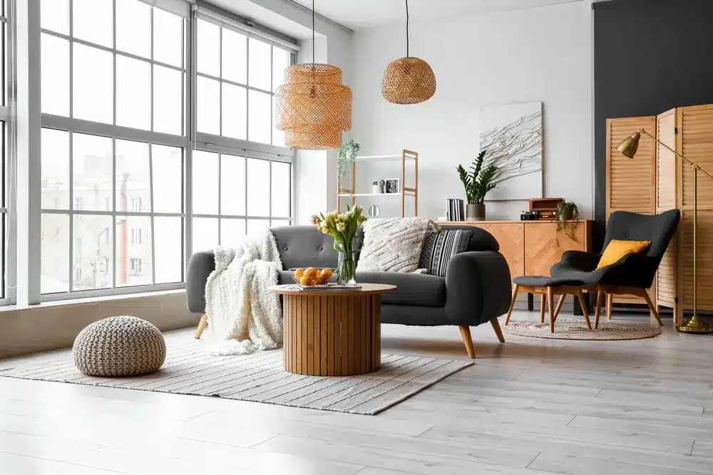 Salon chic avec un canapé gris, des coussins moelleux, une table en bois, des lampes en rotin et de grandes fenêtres. Ambiance lumineuse et aérée avec des touches naturelles.